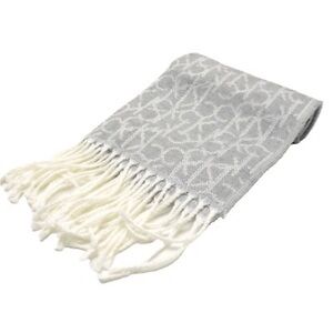 Calvin Klein NWOT Scarf Gray Cream Fringe Logo Acrylic Warm Cozy Winter Fall